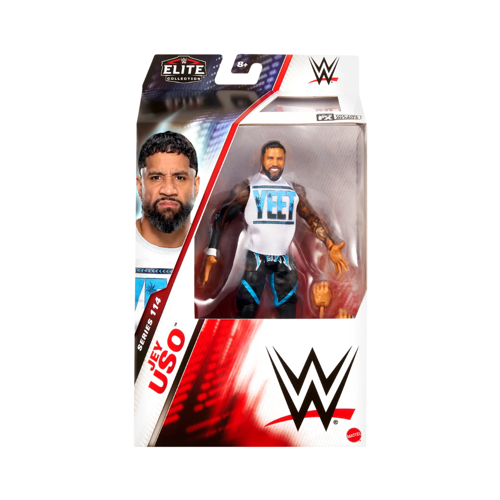 Jey Uso WWE Elite action figure in retail box with blue-and-red ring gear