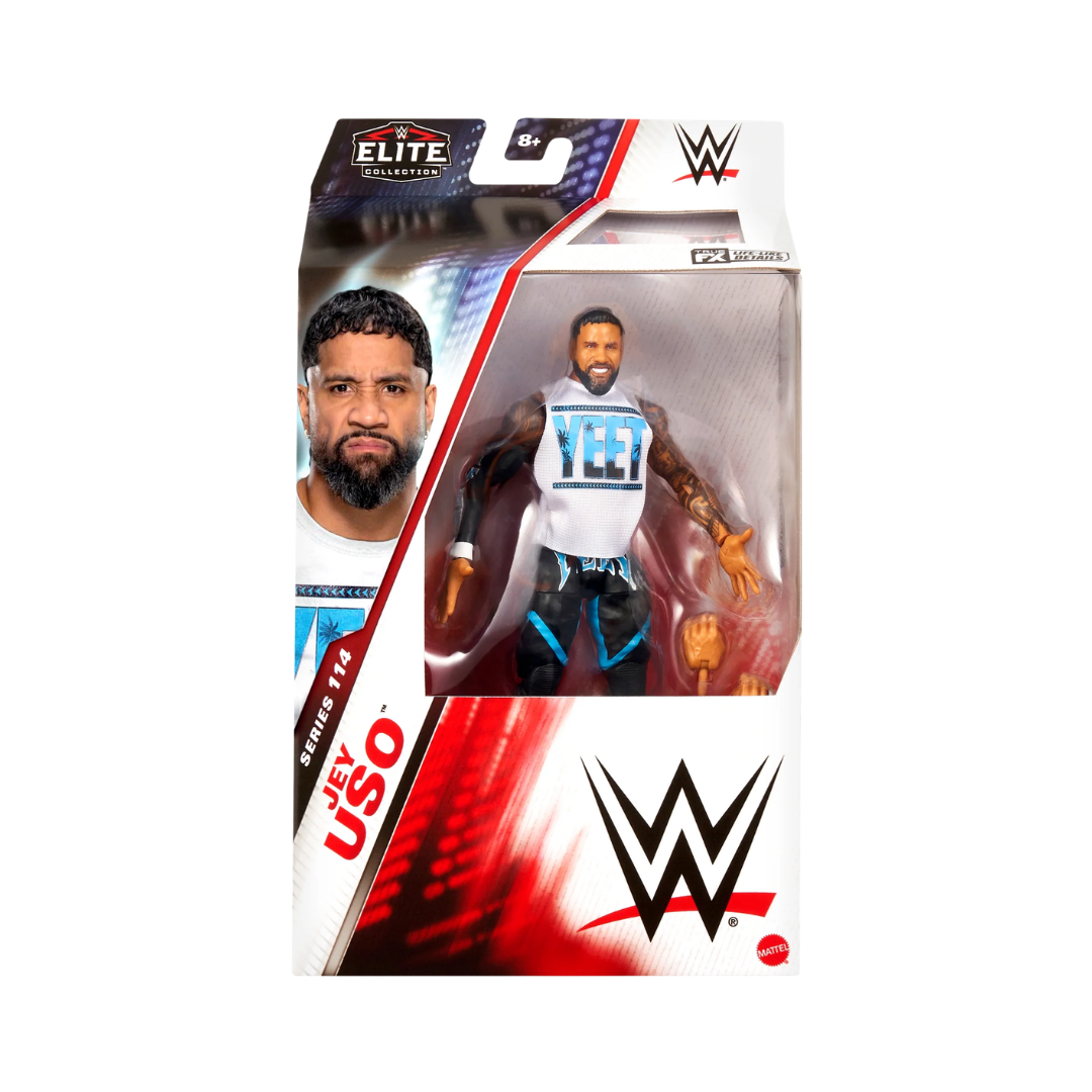Jey Uso WWE Elite action figure in retail box with blue-and-red ring gear