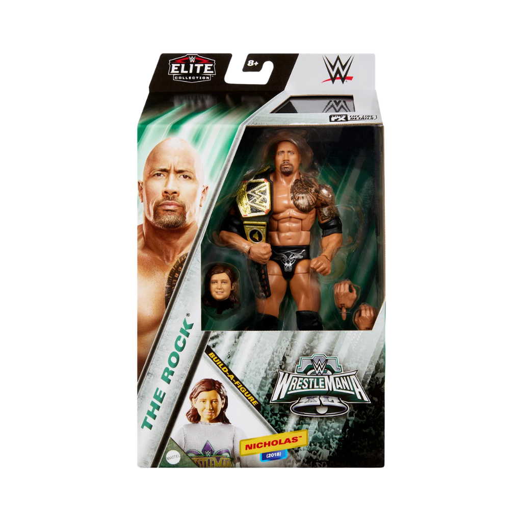 WWE Elite The Rock WrestleMania 35 action figure in box, holding championship belt