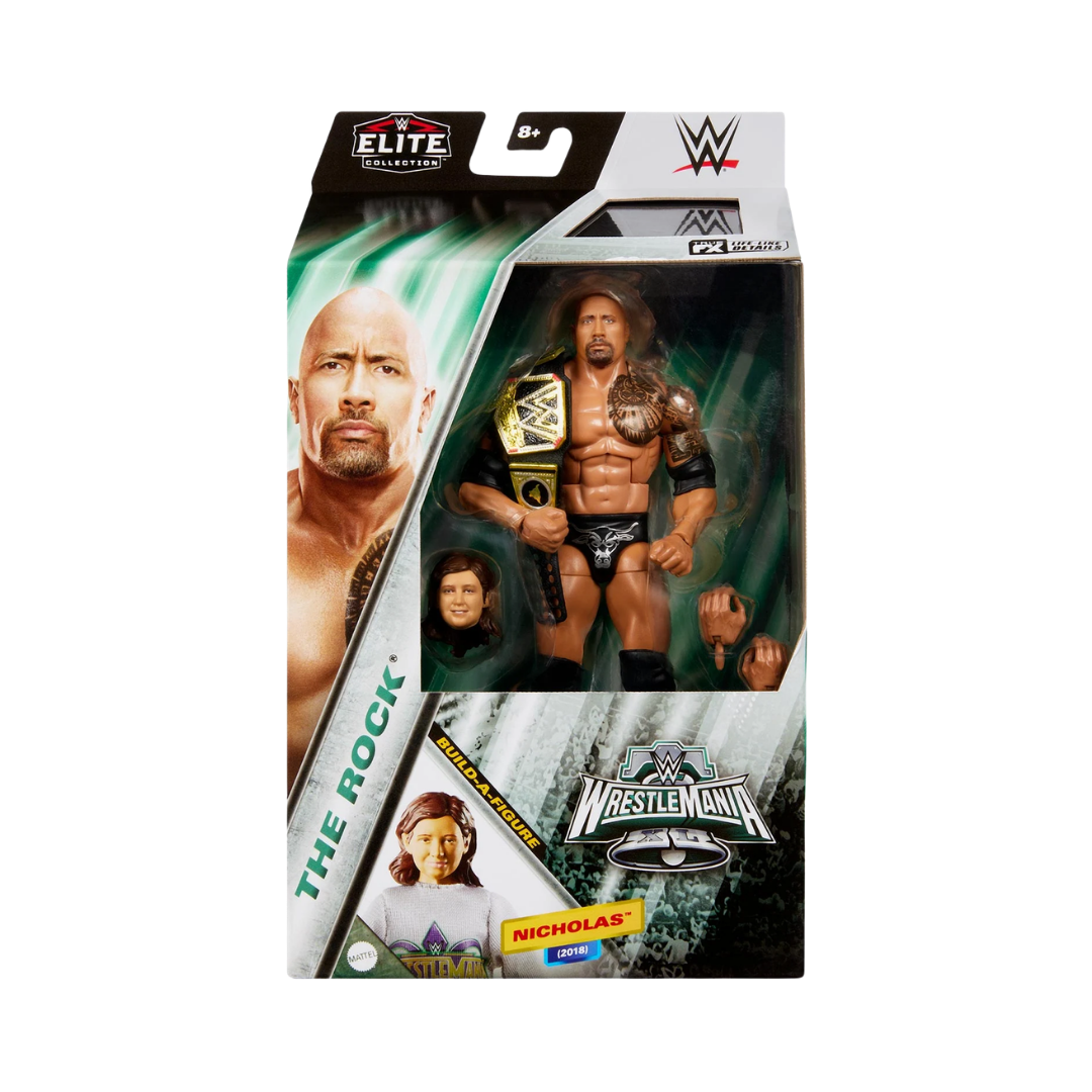 WWE Elite The Rock WrestleMania 35 action figure in box, holding championship belt
