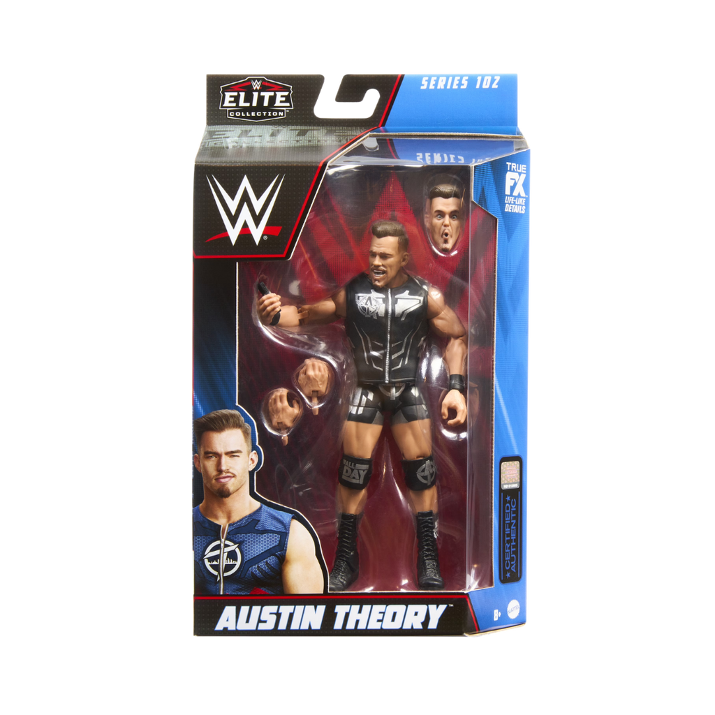 WWE Elite Collection Austin Theory action figure in display box, Series 102