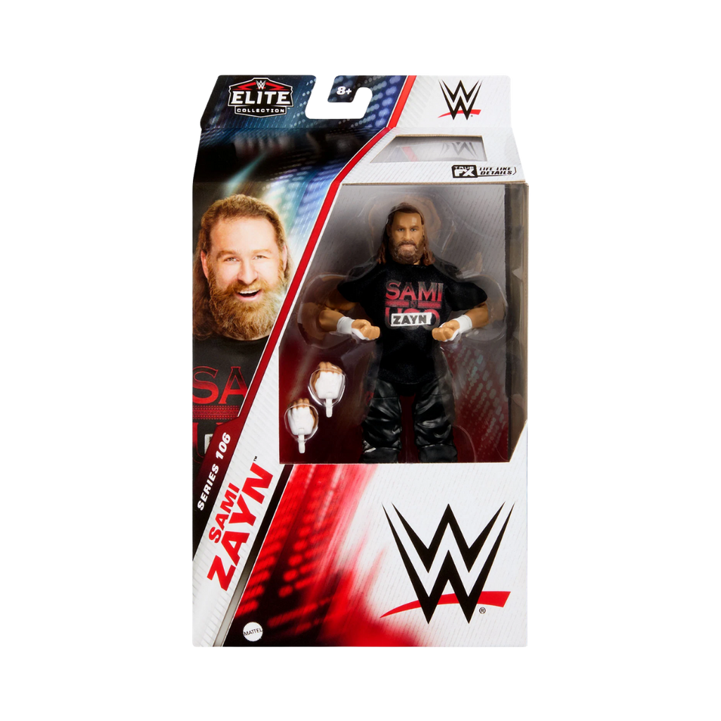 Boxed WWE Elite Collection action figure of Sami Zayn in black outfit, beard, long hair