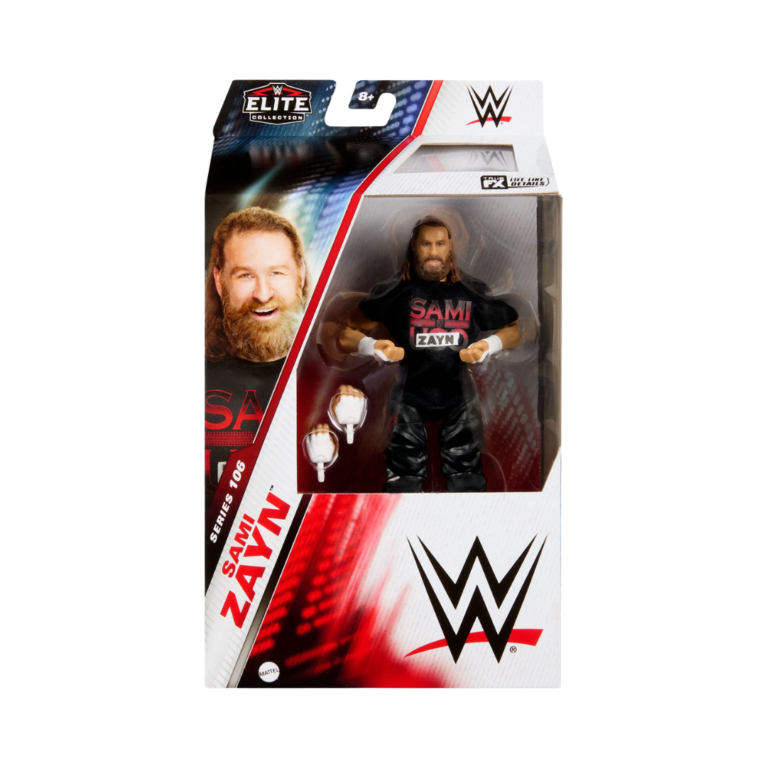 Boxed WWE Elite Collection action figure of Sami Zayn in black outfit, beard, long hair