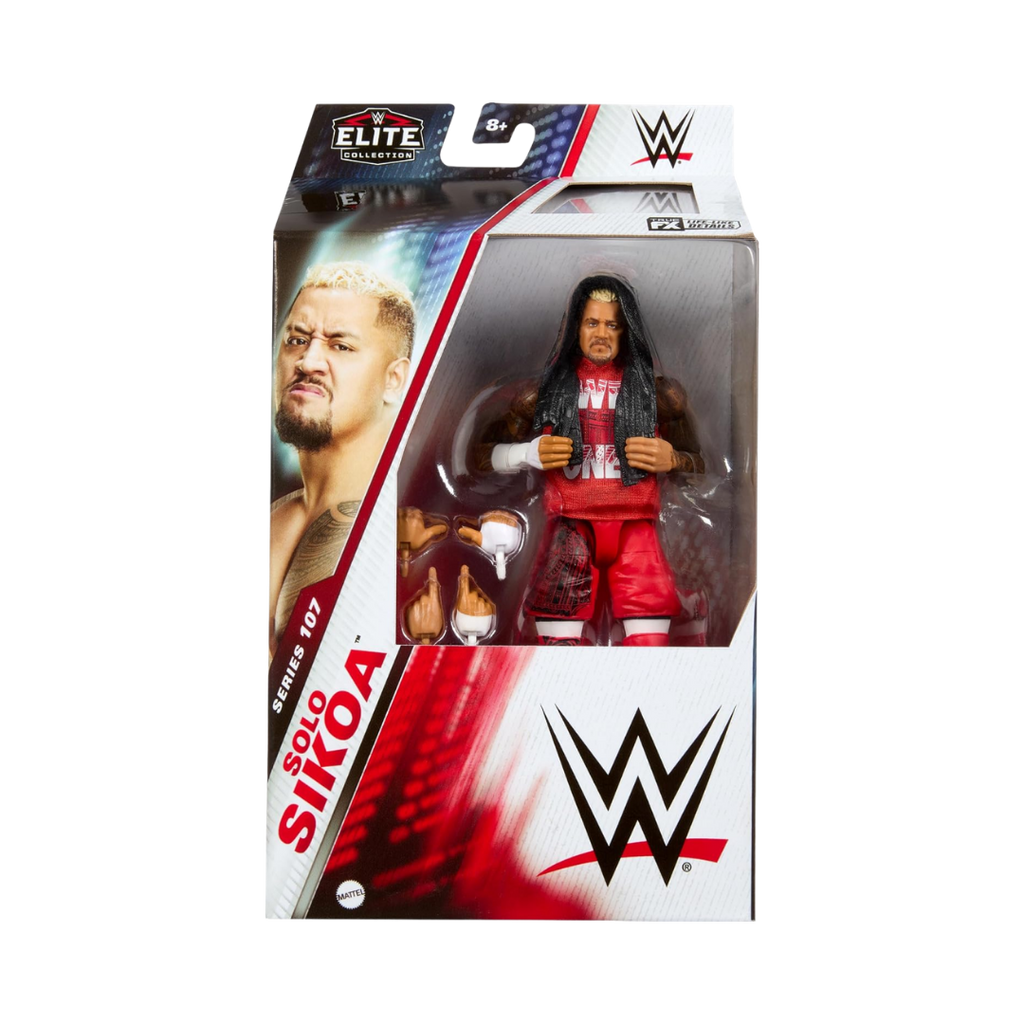 WWE Elite Solo Sikoa action figure in red ring gear, boxed packaging
