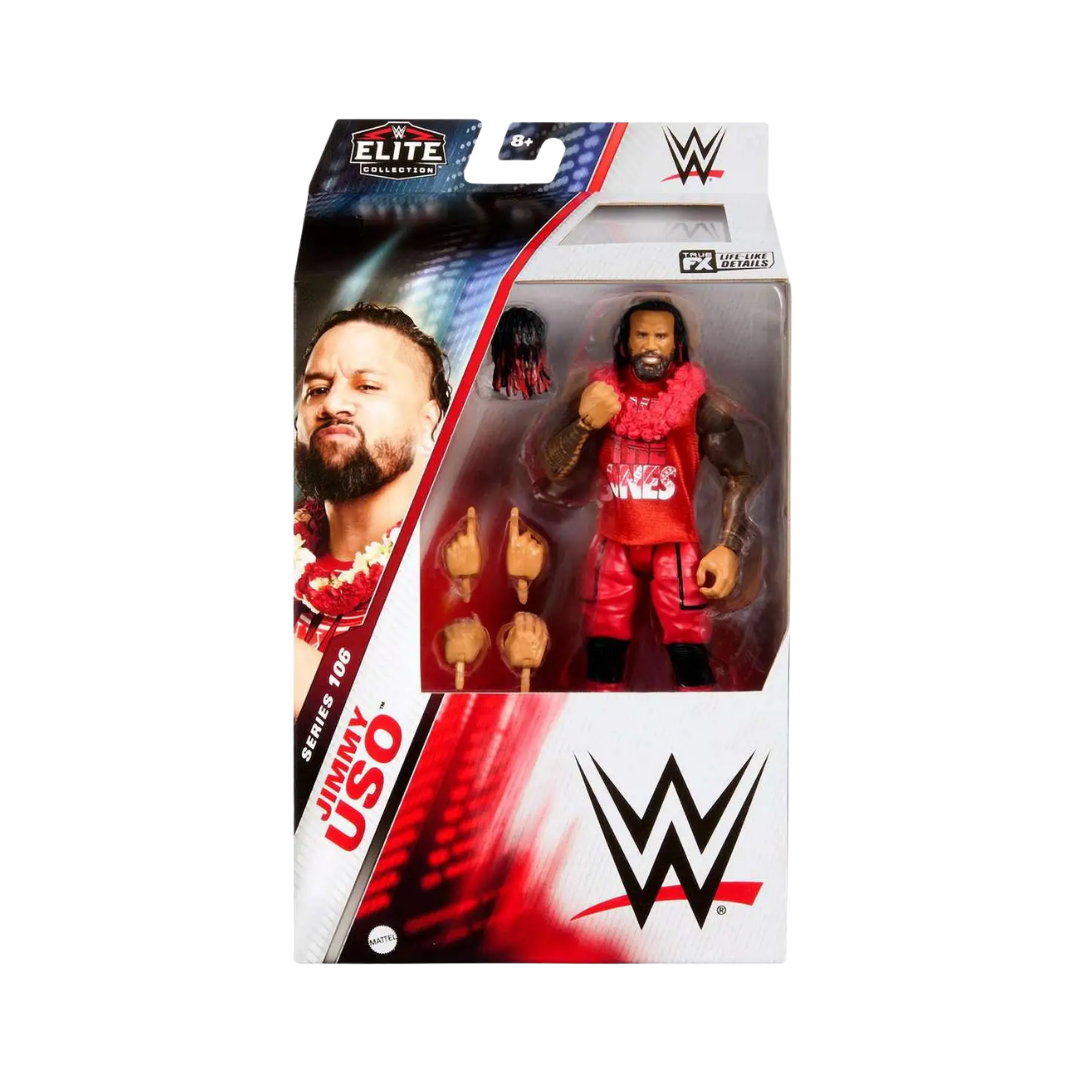 WWE Jimmy Uso Elite Collection action figure in red wrestling outfit and belt